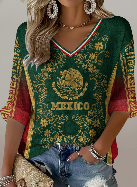 Top de cuello en V para mujer con estampado de arte de aficionados al fútbol mexicano