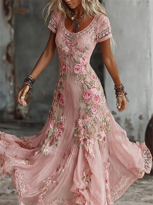 Vintage rosas rosa arte impresión Flowy Maxi vestido de las mujeres
