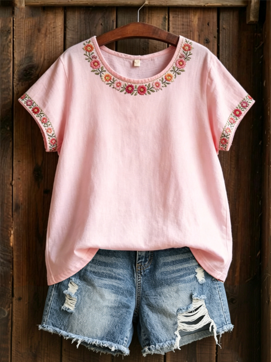 Camiseta de manga corta de lino con estampado floral rosa para mujer
