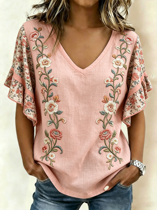 Camiseta de manga corta con estampado floral rosa para mujer