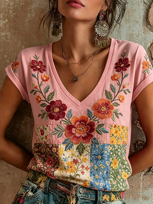 Camiseta de manga corta de lino con estampado floral para mujer