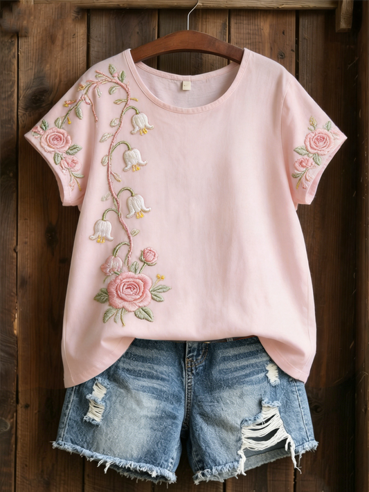 Camiseta de lino de manga corta con estampado floral en rosa para mujer