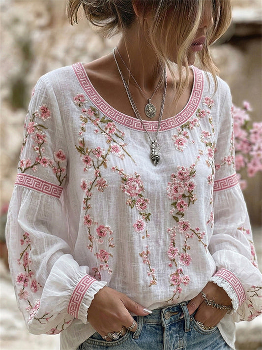 Túnica de lino con estampado de arte de flor de cerezo Boho elegante de las mujeres