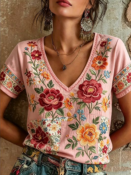 Camiseta de lino de manga corta con estampado floral para mujer