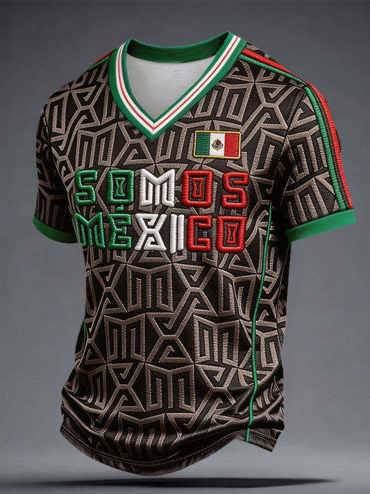 Camiseta de hombre con estampado floral y cuello en V, diseño dedicado a los amantes del fútbol mexicano