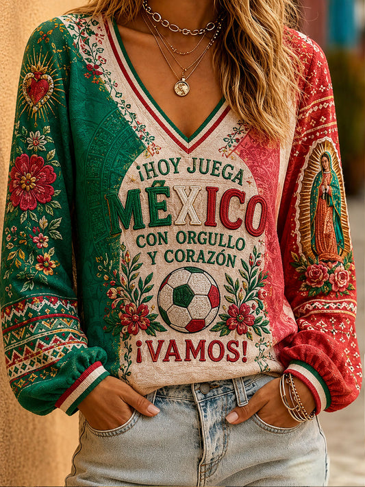 Camiseta de lino con estampado floral para amantes del fútbol mexicano, diseño femenino