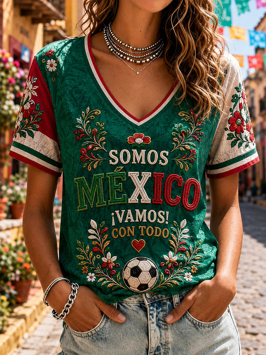 Camiseta estampada con diseño floral para amantes del fútbol mexicano, para mujer