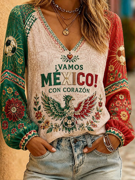 Camiseta de lino con estampado floral para amantes del fútbol mexicano, diseño femenino