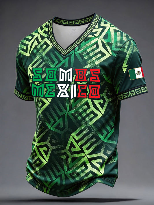 Camiseta de hombre con estampado floral y cuello en V, diseño dedicado a los amantes del fútbol mexicano