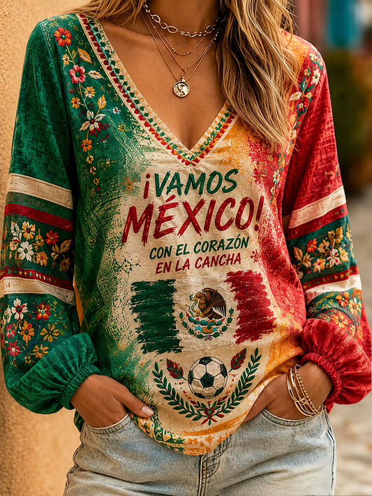 Camiseta de lino con estampado floral para amantes del fútbol mexicano, diseño femenino