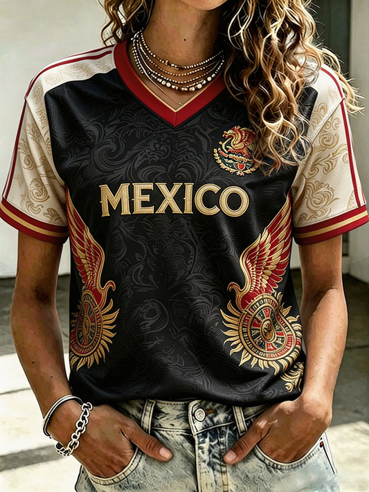 Camiseta con estampado de arte floral México Football Lover para mujer