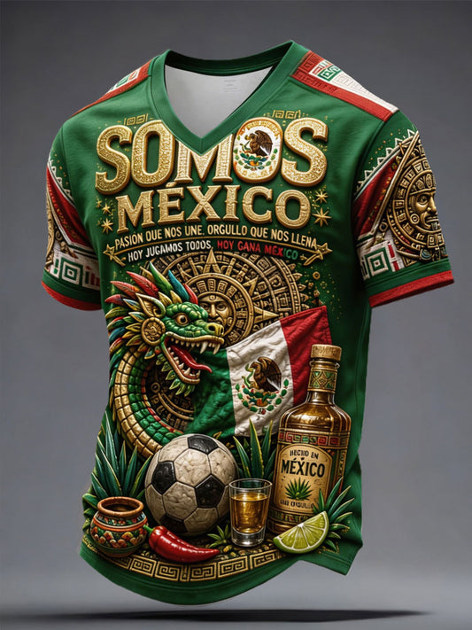 Camiseta con cuello en v impresa arte floral del amante del fútbol de México de los hombres