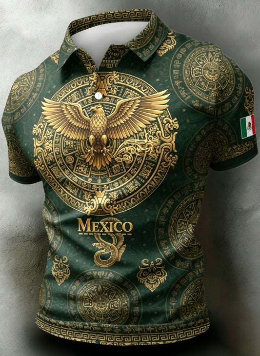 Polo para hombre con estampado artístico de inspiración azteca mexicana