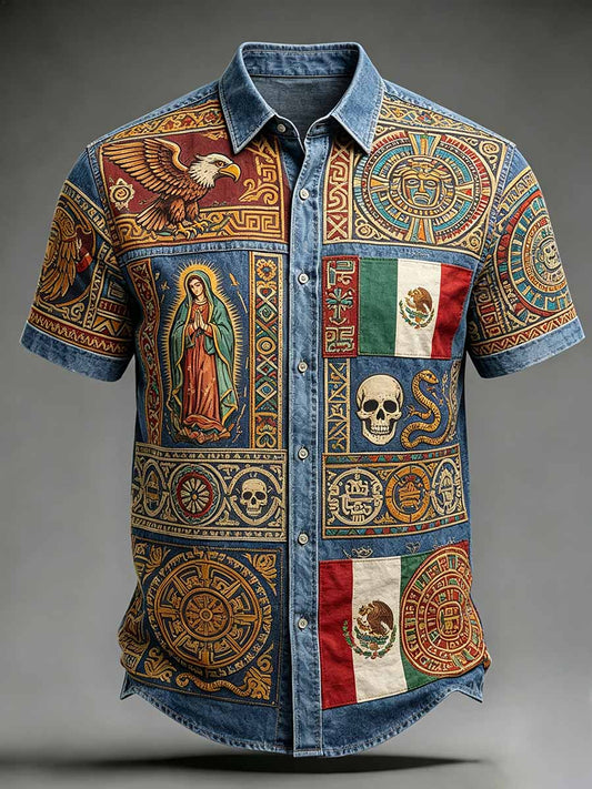 Camisa casual con estampado de arte mexicano para hombre