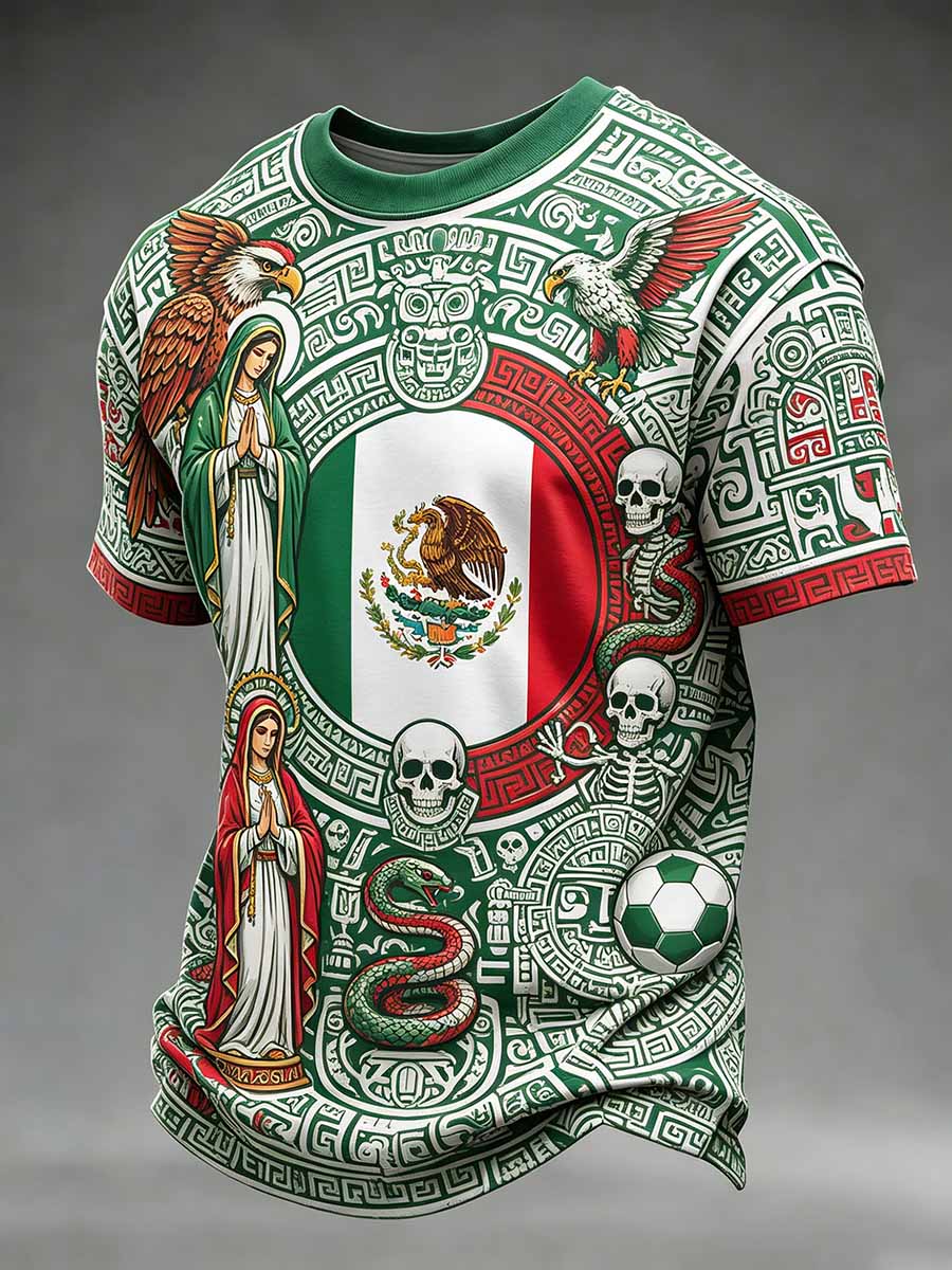 Camiseta casual con estampado de arte mexicano para hombre