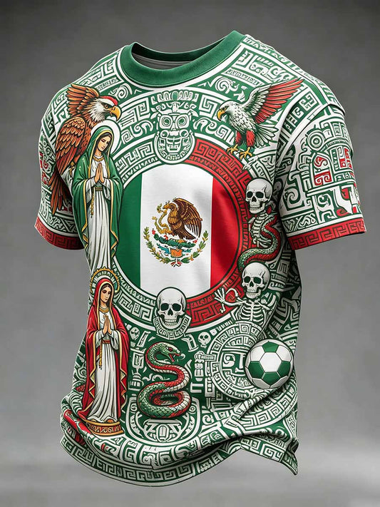 Camiseta casual con estampado de arte mexicano para hombre