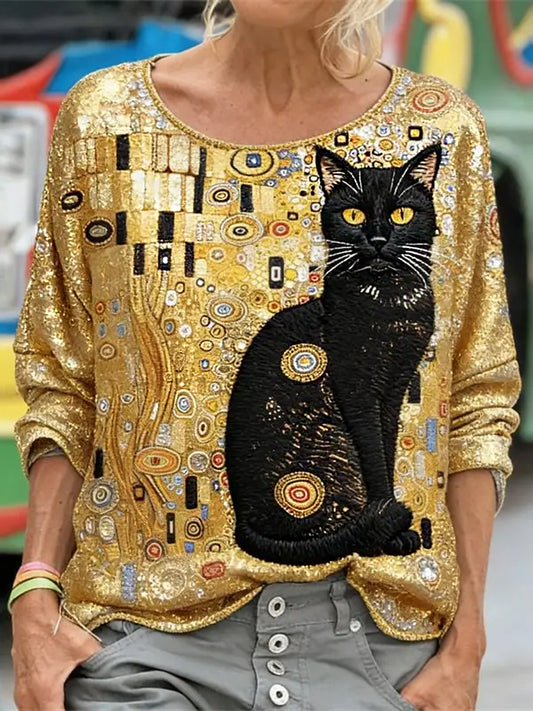 Glitter Black Cat Art manga larga sudadera suelta de mujer