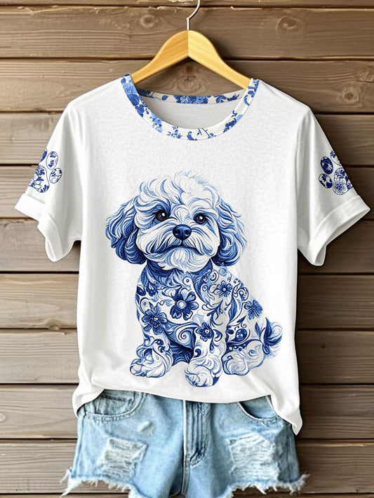 Camiseta con estampado de porcelana azul y blanca animal estilo chino para mujer
