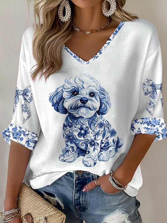 Camiseta de mujer con estampado de porcelana azul y blanca, estilo chino con motivos animales