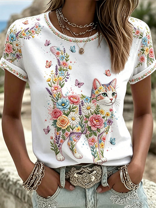 Camiseta casual con estampado floral de gatos para mujer