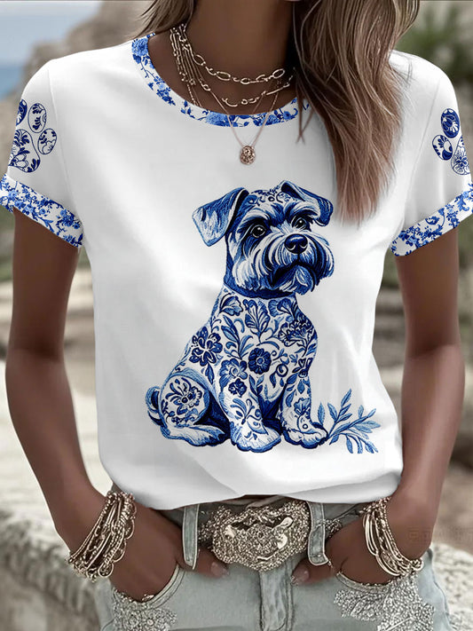Camiseta de mujer con estampado de porcelana azul y blanca, estilo chino con motivos animales