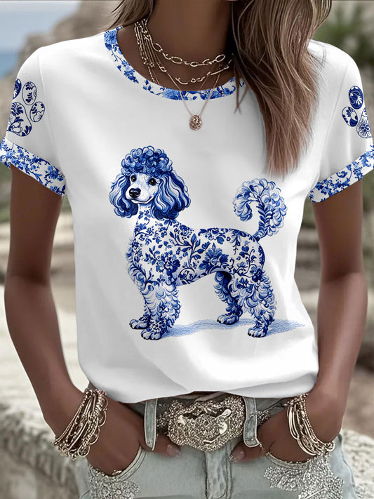 Camiseta de mujer con estampado de porcelana azul y blanca, estilo chino con motivos animales