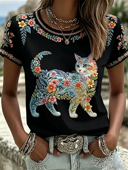Mujer Floral Gatos Estampado Camiseta Casual