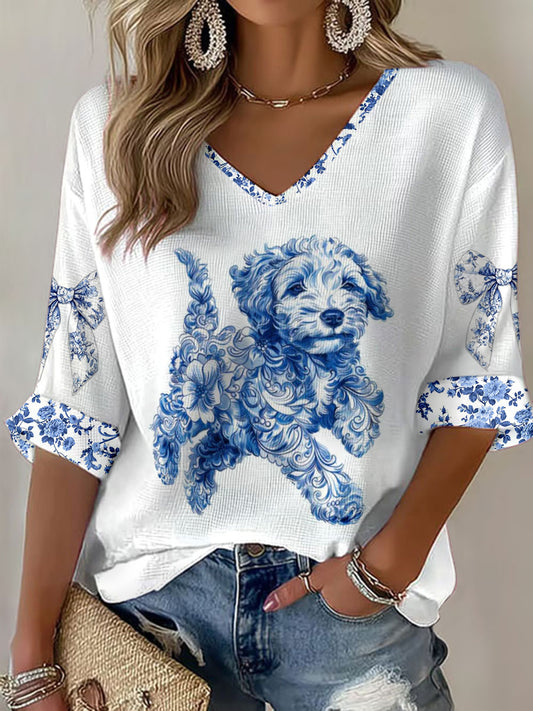 Camiseta de mujer con estampado de porcelana azul y blanca, estilo chino con motivos animales