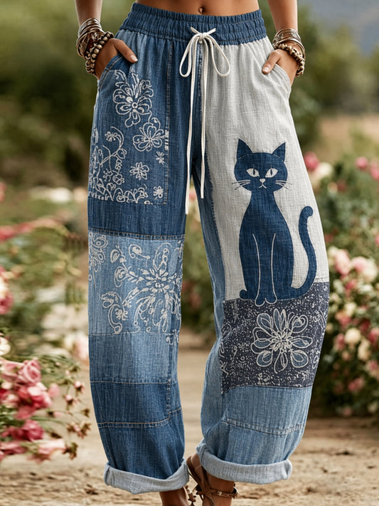 Pantalones casuales con estampado floral de gato para mujer