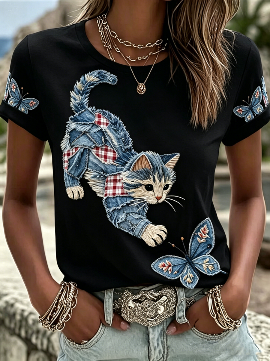 Camiseta de manga corta con estampado de gato para mujer