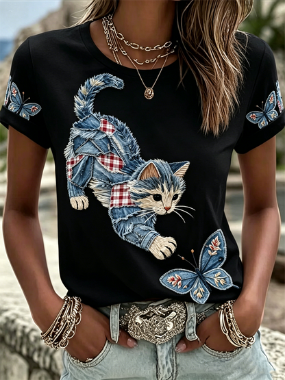 Camiseta de manga corta con estampado de gato para mujer