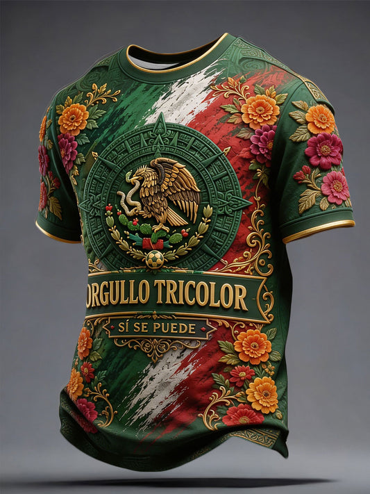 Camiseta estampada con diseño floral para amantes del fútbol mexicano, para hombre