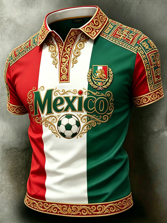 Camiseta polo con estampado artístico de aficionados en un partido de fútbol mexicano para hombre