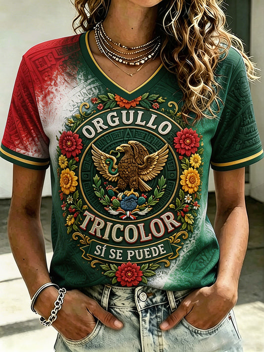 Camiseta estampada con diseño floral para amantes del fútbol mexicano, para mujer