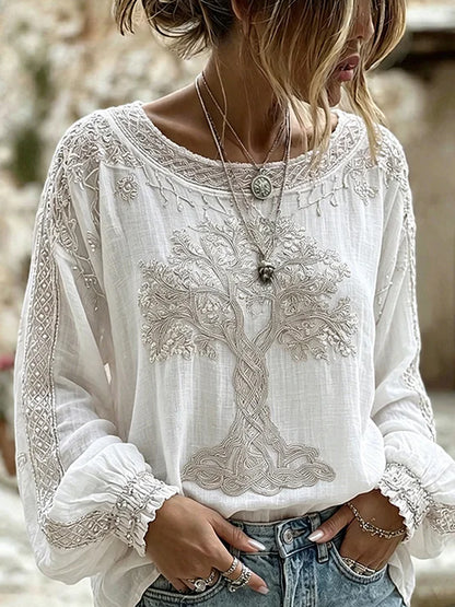 Mujer Vintage Floral Estampado Casual Algodón Lino Top