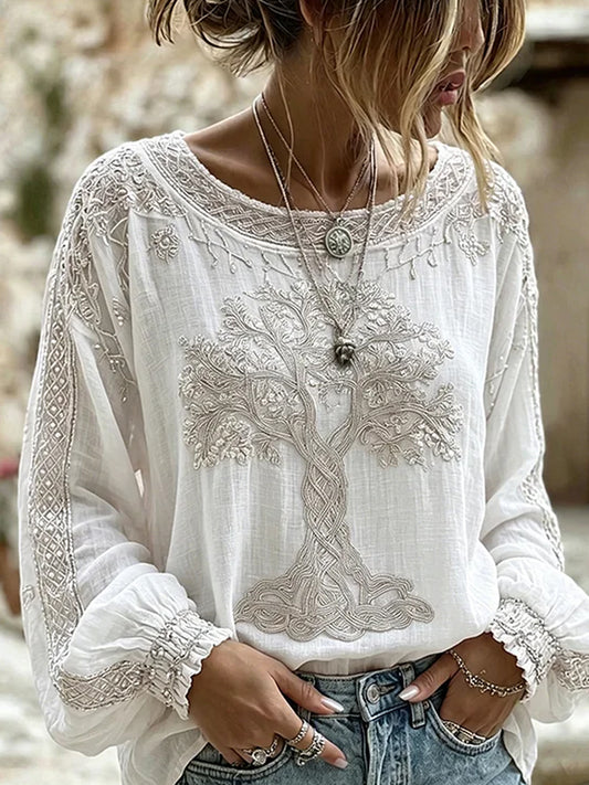 Mujer Vintage Floral Estampado Casual Algodón Lino Top