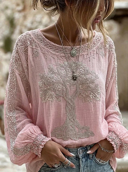 Mujer Vintage Floral Estampado Casual Algodón Lino Top