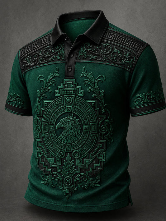Polo estampado con arte totem mexicano azteca para hombre