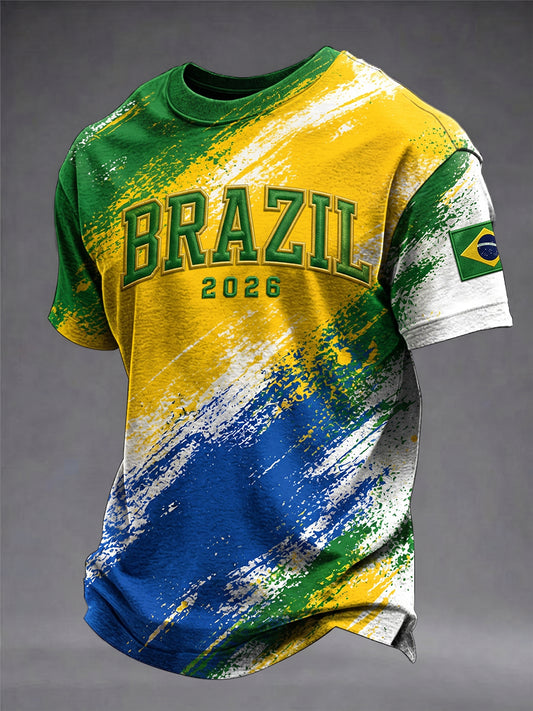 Camiseta de manga corta con cuello redondo para hombres, diseño de aficionado al fútbol brasileño