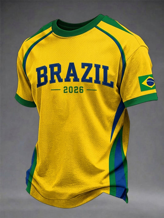 Camiseta de manga corta con cuello redondo para hombres, diseño de aficionado al fútbol brasileño