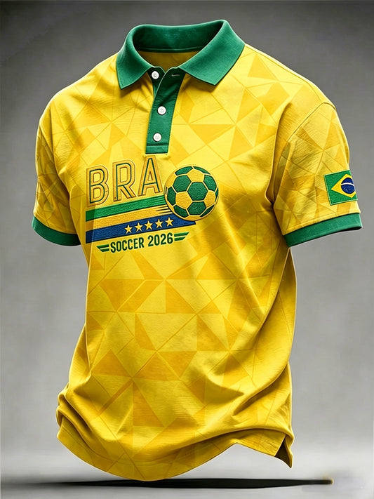 Top de manga corta con cuello de equipo de fútbol brasileño para hombre