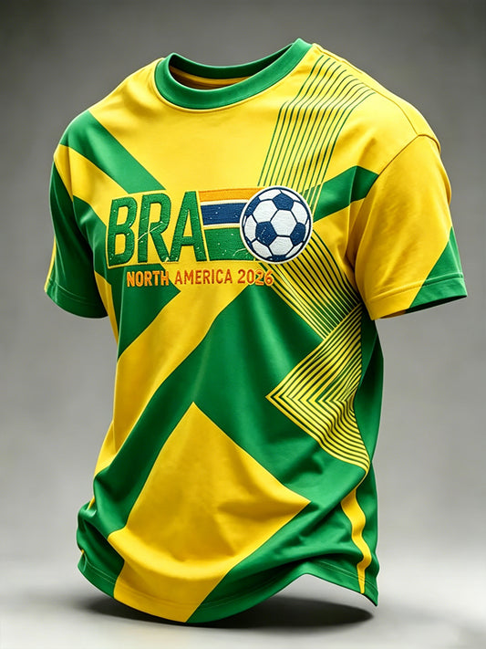 Camiseta de manga corta con cuello redondo para hombres, diseño de aficionado al fútbol brasileño