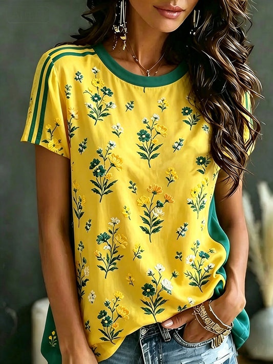 Camiseta de manga corta empalmada bordada a rayas florales del equipo de fútbol de las mujeres