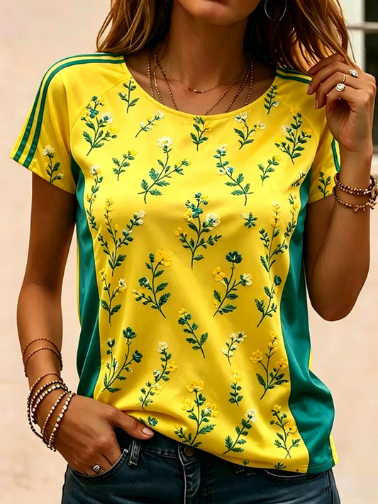 Camiseta de manga corta con combinación de bordado a rayas y flores para el equipo femenino de fútbol