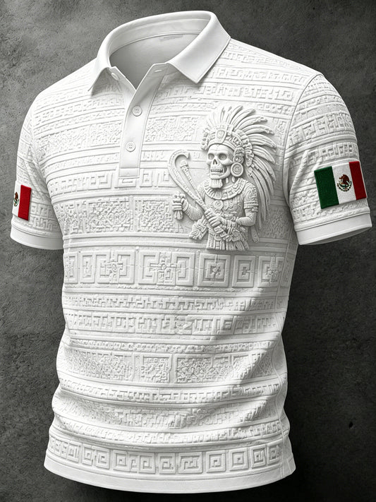 Polo con temática de fútbol mexicano para hombre con estampado de arte azteca