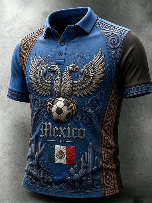 Polo con temática de fútbol mexicano para hombre con estampado de arte azteca