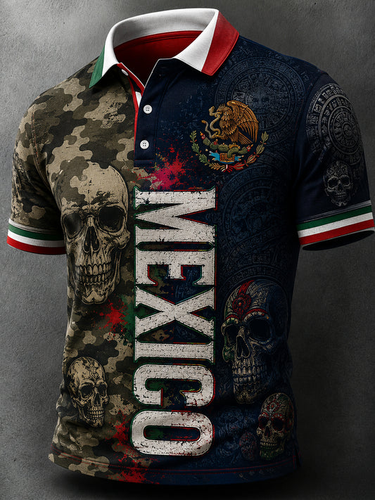 Polo para hombre con temática futbolística mexicana y estampado de arte azteca