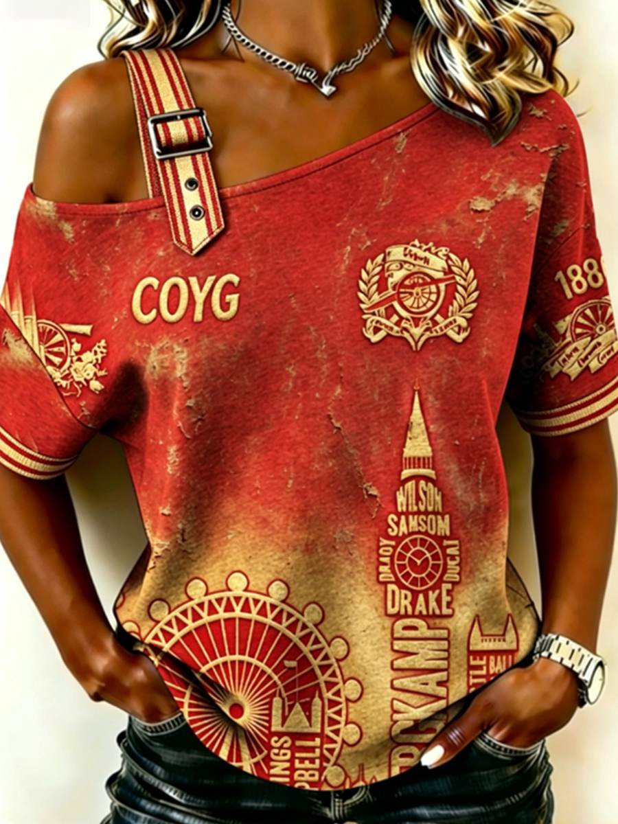 Camiseta de manga corta con estampado ROJO CITY FOREVER para mujer