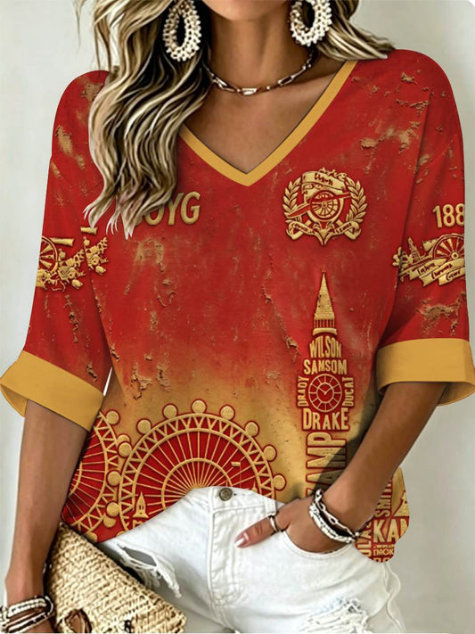 RED CITY FOREVER Camiseta con cuello en V y mangas de longitud media para mujer