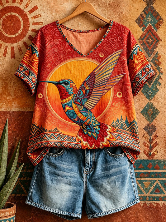 Tops con cuello en V Native Hummingbird Art de mujer